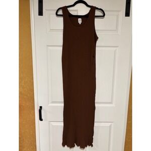 Gap Maternity Ribbed Maxi Dress XL Brown Sleeveless Scoop Neck Side Slit Cotton